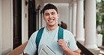 Face, man and student at campus with smile, exchange program and scholarship for education. Portrait, male person and happiness at university with textbook, start semester and learning for knowledge