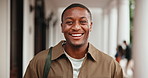 Face, man and student at college with smile, exchange program and scholarship for education. Portrait, male person and happiness at university with backpack, start semester and learning for knowledge