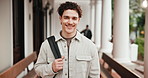 Face, student or happy man with bag in university for academic scholarship or higher education. Portrait, male person or learner with smile or backpack for learning academy or study on outdoor campus