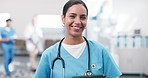Face, nurse and happy woman with tablet for medical career, wellness service or values at clinic. Female person, healthcare professional and technology in hospital with trust, integrity and smile