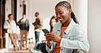 Woman, laugh and break at college with phone, funny student group chat and social media notification. Happy, person and thinking outdoor at university with tech, online meme and relax after class.