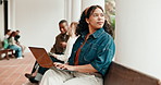 Student, woman and thinking at college with laptop, education and typing for online research project. Outdoor, person and problem solving at university with computer, assignment and knowledge growth.