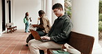 Student, man and typing at college with laptop, learn and research for environmental studies degree. Space, person outdoor and assignment at university with computer, ecology course and knowledge.