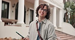 Man, student and outdoor with tablet for education, online and smile for class registration app. Academic, tech and scroll on campus for schedule, scholarship requirements and happy for opportunity