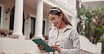Woman, student and tablet on campus for education, reading and smile for class registration app. Academic, scroll and outdoor with tech for schedule, scholarship requirements or happy for opportunity