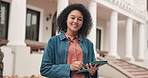 Girl, student and face with tablet for education, typing or smile for class registration app. Teenager, tech or scroll at community college for schedule, learning development or happy for opportunity
