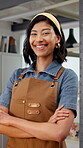 Pottery, face or happy woman in studio with arms crossed, clay artist or owner of creative startup. Laugh, portrait and artisan with confidence, crafts production or about us in sculpture business.