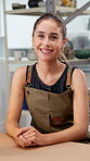 Pottery, happy and woman in workshop with face, craft production and owner of creative business. Smile, portrait and artisan in studio with confidence, clay artist and about us in sculpture startup.