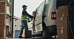 Packing, boxes and delivery man by van for courier, shipping and distribution service at dock. Warehouse, help and person with parcel, packages or order for supply chain, shipment and unload vehicle