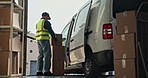 Packing, boxes and delivery man by van for courier service, shipping and distribution for client. Travel, stock and person with parcel, packages or order for supply chain, shipment and unload vehicle