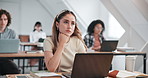 Students, thinking and girl with laptop in classroom for assignment, answer and online quiz. University, wondering and person on computer for assessment, education and learning with solution for test