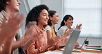 College, classroom and students with applause for lecture success, education or exam results. University, laptop and people clapping for learning, knowledge and feedback for presentation in lesson
