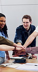 Happy, students and hand stack for education, good news and study success for passing exam. Smile, friends and applause in class for well done, celebration and academic progress for learning victory