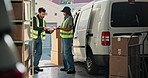 People, writing and clipboard in warehouse for courier, signature and order for shipment handoff. Team, transport and boxes with checklist for delivery, dispatch agreement and shipping for ecommerce