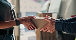 Hands, people and giving box for courier, parcel exchange and online order for shipment handoff. Driver, customer and logistics with package for delivery, dispatch handover and shipping for ecommerce