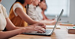 Students, classroom and girl with laptop, notebook and typing for study notes in lecture. University, hands and people with books, tech and computer for education, learning or lesson for assignment