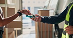 Delivery, phone and people with box, card machine and payment for courier service at depot. Pos, hands and workers with parcel, tap purchase and tip for shipping, distribution and logistics order