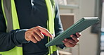 Typing, tablet and hands of man for delivery, supply chain and courier service for package at depot. Scroll, parcel and person on tech for inventory list for shipping, logistics and distribution
