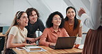 College, lesson and lecturer with students in classroom, education and explain assignment to group. Professor, talk and happy people with laptop, knowledge or advice for academic growth in university