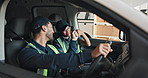 Driver, delivery and people in van fist bump for packages, shipping and teamwork for distribution. Happy, vehicle and man with woman with gesture for supply chain, logistics and trip for shipment