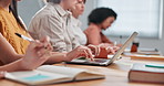 College, classroom and students with notebook, laptop and writing for study notes in lecture. University, hands and people with books, tech and typing for education, learning or lesson for assignment
