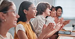 University, classroom and students with applause for lecture success, education or exam results. College, happy and people clapping for learning, knowledge and feedback for presentation in lesson
