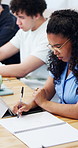 University student, writing and woman with tablet, studying or planning for assignment in classroom. Scroll, info and person with technology, education and exam preparation with notes in college