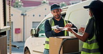 People, clipboard and box in warehouse for logistics, parcel exchange and approval for shipping. Team, signature and agreement with package for delivery, dispatch handover and ecommerce distribution