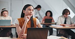 College, thinking and girl on laptop in classroom for assignment, answer and online quiz. University, wondering and person on computer for assessment, education and learning with solution for test
