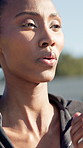 Fitness, serious or woman outdoor with running, cardio or stamina exercise in weekend hobby. Breathing, wellness or black person with practice, workout endurance or sprint in physical activity.