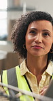 Thinking, woman and logistics in warehouse with tablet, inspection and supply chain for shipping. Thoughts, mature person and digital in storage with shelf, quality control and stock for distribution