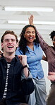 University students, face and laughing with fist pump, education and cheering with friends in class. Portrait, success and happy people on break, celebration and scholarship for studies in college