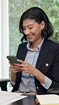 Smile, woman and lawyer in office with phone, contact witness and new evidence for court case. Happy, attorney and document at law firm with mobile, upcoming trial and review testimony of proceedings