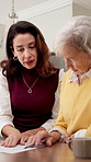 Help, senior mother or woman in home with contract, pension proposal or guidance on loan application. Retirement, adult daughter or old person with paper, finance review or support on funding request