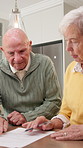 Document, review and old couple in home with discussion, pension fund or life insurance application. Married, elderly people and talk in house with retirement planning, reading and policy cover form.