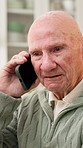 Elderly, man and conversation in home with phone call, internet connectivity or relax for retirement. Senior person, chill and discussion in apartment with tech, contact or social network on weekend.