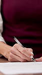Woman, hands and sign document with application form for life insurance, administration or agreement. Female person, writing and paperwork with signature for policy cover, information or registration