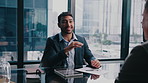 Businessman, talk and meeting in office with client, data analysis and risk assessment for liability. Financial advisor, people and discussion with stats for debt review, plan and guidance for loan.