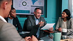 Manager, team and talk in office with paperwork, sales analysis or customer data for lead generation. Boss, people and conversation in business with document review, revenue stats or conversion rate.