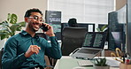 Software development, phone call and happy man with laptop screen in office, project update or chat. Person, laughing and communication with contact, code and IT specialist with mobile in business