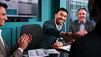 Meeting, business people and handshake with applause in office for investment partnership or merger. Happy men, clapping and shaking hands for financial collaboration, consolidation agreement or deal