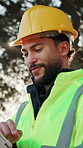 Builder, online and man with tablet, outdoor and plan for renovation project with digital blueprint. Construction worker, scroll and happy person with tech, low angle and building schedule on web