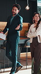 Realtor, client and talking at open house with clipboard, listing document and sales pitch. Man, woman and real estate agent with checklist, property tour for investment or purchase of new home