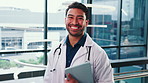Doctor, face and tablet in hospital with laugh for medical advice, research and telehealth app. Asian person, technology and internet connection at clinic with results, good news and happy by window