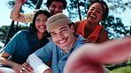 Face, selfie and friends in park with happiness, students and social media post for connection. Together, diversity and people laugh on campus with picture, photography and group in portrait outdoor