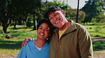 Fitness, caregiver or old man in park with face, solidarity or workout support in active aging. Wellness, nurse or elderly patient with embrace, training assistance or unity in retirement activity.