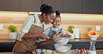 Mom, child and flour with sift for baking ingredients, home recipe or bonding together in kitchen. Mother, junior baker or teaching kid with bowl for dessert cuisine or learning culinary art in house
