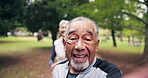 Fitness, running and old couple with selfie outdoor for workout, digital memory and motivation. Happy man, woman and live streaming at park for retirement blog, face and interracial relationship