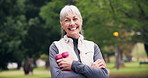 Smile, dumbbells and old woman at park for exercise lifestyle, strength training or confidence. Face, happy elderly person and weights outdoor for muscle growth, arms folded or retirement fitness