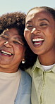 Love, old mother and woman outdoor with face, happy moment and bonding in healthy relationship. Laugh, adult daughter and black family with portrait, security and parent connection with quality time.